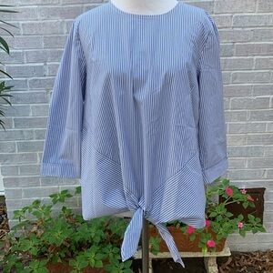 J Jill Gray & White Striped Tie Front 3/4 Sleeve Top Medium